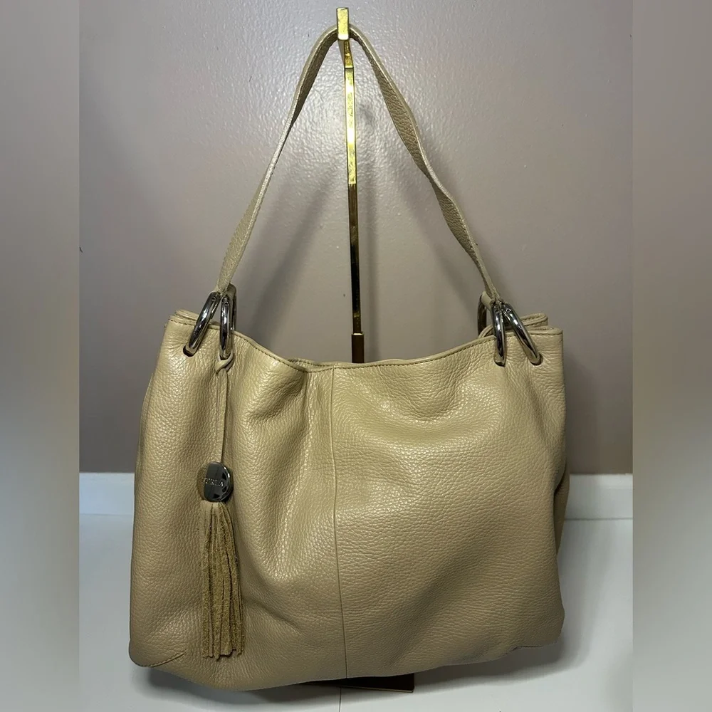 Furla Light Taupe Pebbled Leather Hobo Shoulder Bag with Tassel - EUC